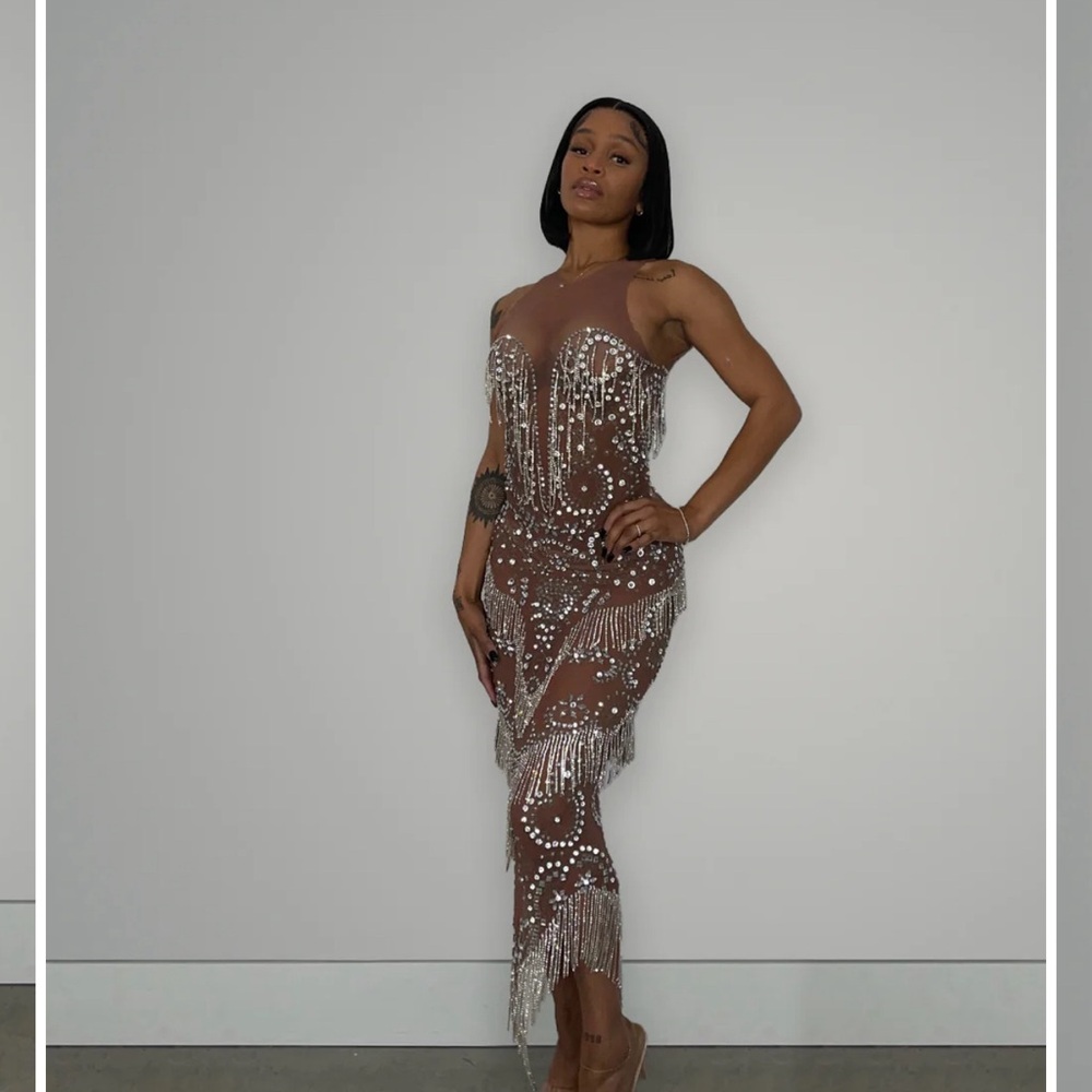 Rhinestone nude mesh dress